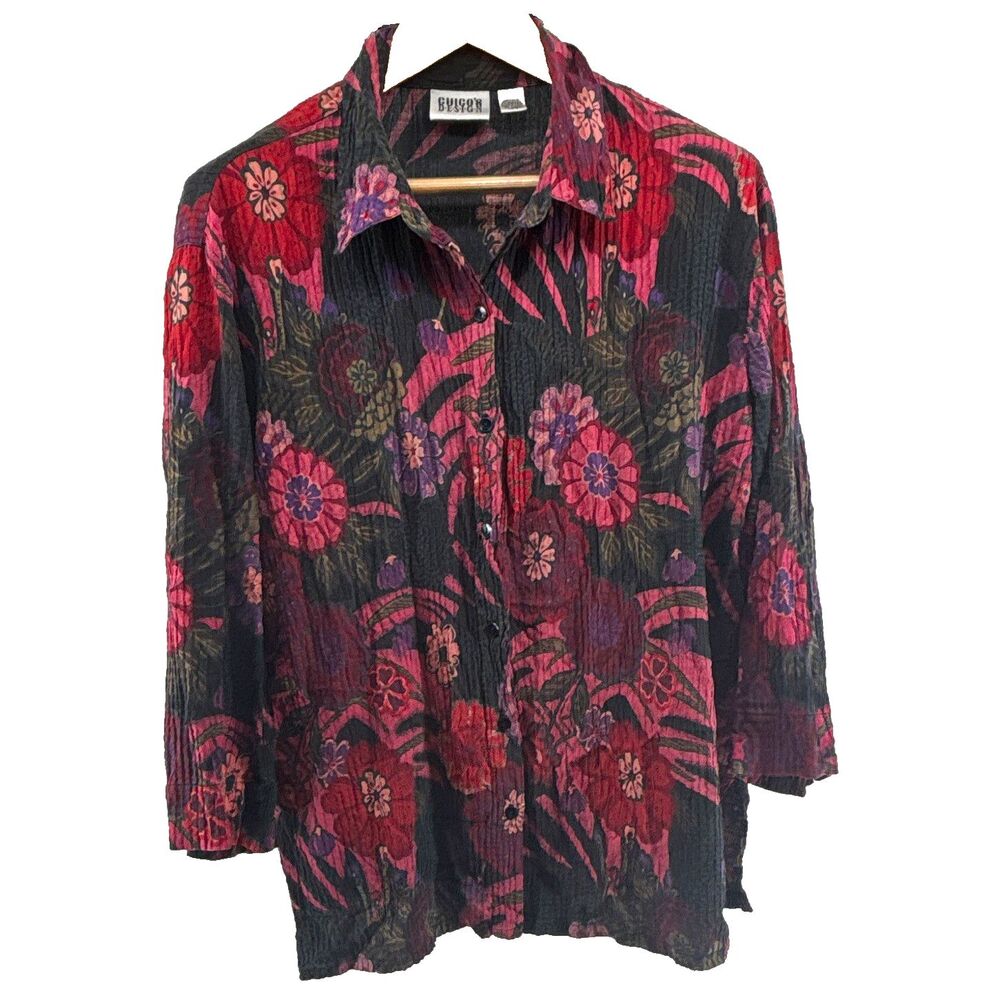 chicos design Women’s SZ 3 (16/18) Silk Floral Button Up Collared 3/4 Sleeve